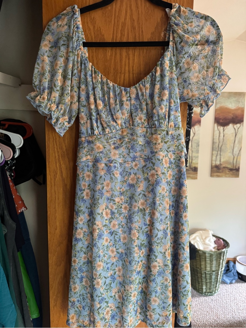 Macy's Light Blue Floral Puff-Sleeve Mini Dress